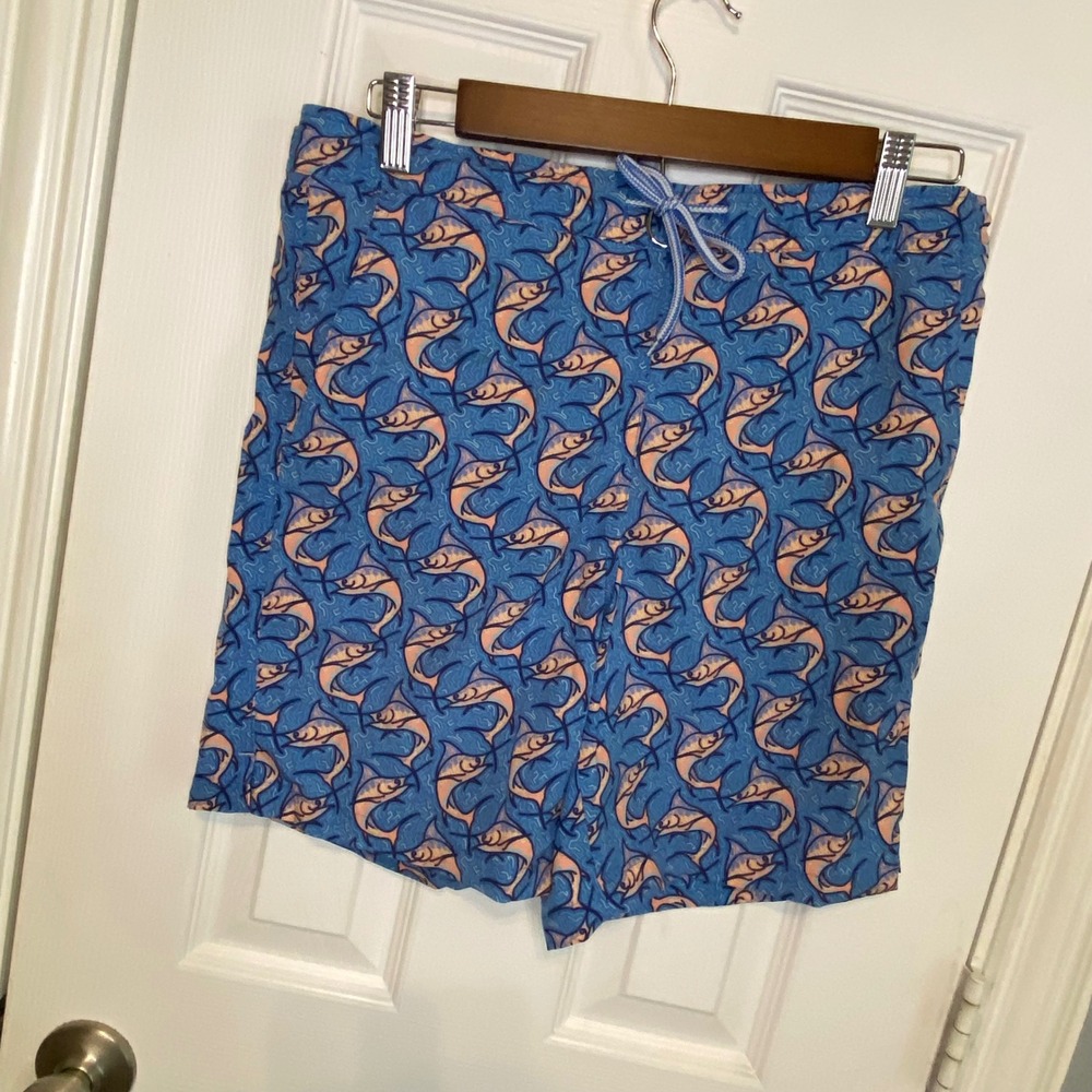 Peter Millar Boys Blue Marlin Fish Print Swim Trunks Board Shorts Size XL